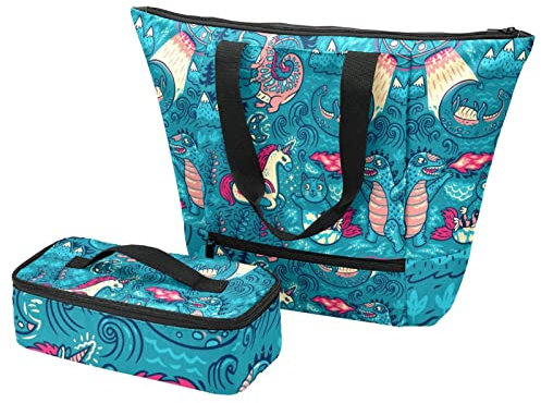 Große Tragetasche & Lunchbox Yeti Drachen-Einhorn-Katzenhandtaschen + Isoliertaschen für Reisen, Arbeit, Schule, mehrfarbig, One Size