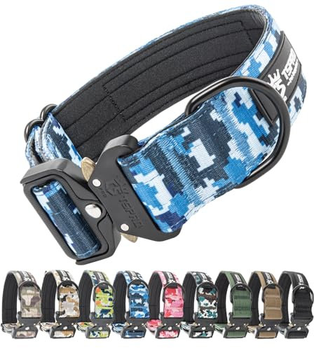 TSPRO Premium Hundehalsband mit Patch Dickes Verstellbares Taktisches Hundehalsband Schwere Ausführung Schnellverschluss Metallschnalle für Mittelgroße bis Große Hunde (Camo Blau M)