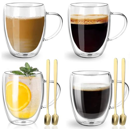 4PCS Double Walled Glass Coffee Mug Cups, 350 ml Cappuccino Latte Macchiato Glasses with Handle and Spoons, Heat Resistant Coffee Glass, for Hot/Cold Drinks, Tea, Juice, Dishwasher & Microwave Safe