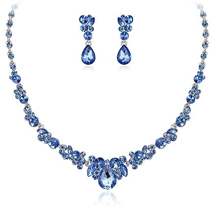 EVER FAITH Damen Schmuckset österreichisch Kristall Braut Floral Tropfen Halskette Ohrringe Set Blau Silber-Ton