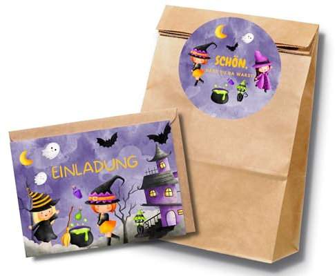 Paperlane by Essi 10 Hexen Geburtstagssets mit Einladungskarten und Gastgeschenktüten - Halloween Geburtstag - inkl. Umschläge (10er Set Einladungskarte + Mitgebseltüte, Hexe)