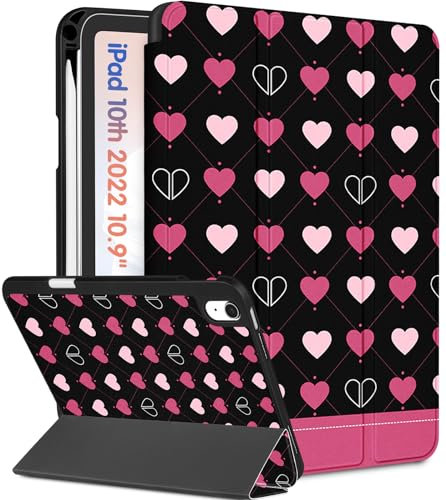 Wazzasoft for Apple iPad 10th Generation Case 10.9 Inch Cute Women Girls Folio Cover Girly Kawaii Teens Heart Design Unique Pencil Holder Auto Sleep/Wake Cases for iPad 10 Gen 2022 A2696 A2757