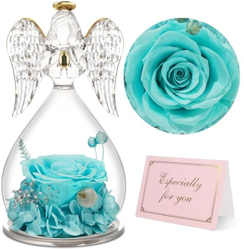 Yamonic Rose Eternelle et Ange Gardien en Verre - Cadeau Fete des Meres, Fleur Eternelle pour Maman, Figurine Décorative pour Femme et Mamie
