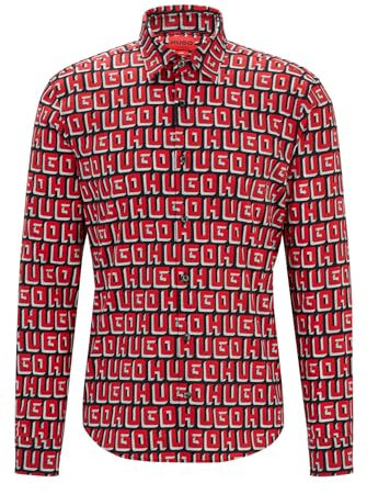HUGO Mens Ermo Logo-Print Slim-fit Shirt in Stretch-Cotton poplin