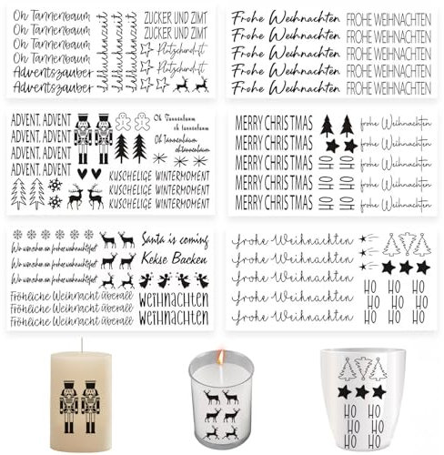 Ellxen 6 Stück Kerzentattoos Kerzensticker,Kerzen Tattoofolie Sprüche Weihnachts Kerzentattoos, Kerzenfolie für Kerze Tasse DIY Geschenk, Kerzen Dekorieren,Kerzensprüche