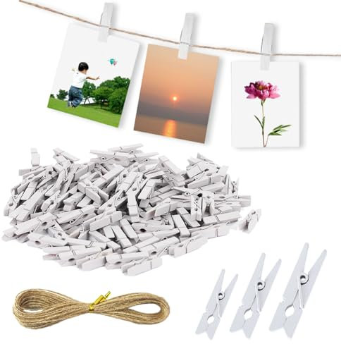 XFentech 150 Pezzi Mini Mollette in Legno - 2,5/3/3,5 cm Bianche Decorative Riutilizzabili Con Corda di Iuta per Appendere Cartoline Foto Collage