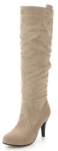MJIASIAWA Donna Classico Tacco A Spillo Slouch Stivali Alti Inverno Warm Senza Chiusura Camoscio Equestrian Stivali Equitazione Beige Numero 33 Eu