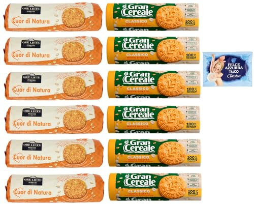 12er-Pack Testpaket Biscotti Cereali Ore Liete Gran Cereale,Kekse mit Müsli,Verpackt in Tube 250g + 1er-Pack Kostenlos Felce Azzurra Talkumpuder, 100g-Beutel