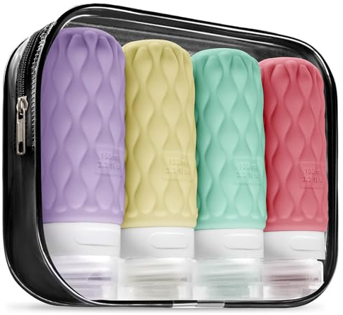 Lericttor 4 Stück Reiseflaschen Zum Befüllen Set 100ml Mit Etiketten | Auslaufsichere Silikon Reiseflaschen Behälter mit Clear Bag für Shampoo und Conditioner, Travel Essentials & Reise Gadgets