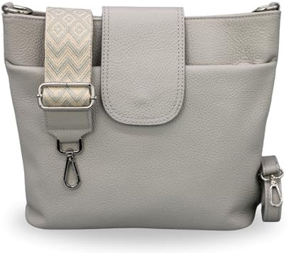 BRISE Umhängetasche Damen Echtes Leder ELLIE Handgemachte Crossbody Bag mit Ledergurt + Optionalen Breiten Gemusterten Riemen 6 Fächer Wasserdichte Schultertasche Made in Italy (Hellgrau - 2)