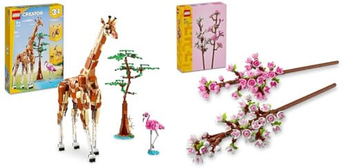 LEGO Creator 3in1 Wild Safari Animals, Giraffe Toy to Gazelle Figures to Lion Model & Cherry Blossoms, Artificial Faux Flowers Set, Makes a Great Desk Decor Accessory for 8 Plus