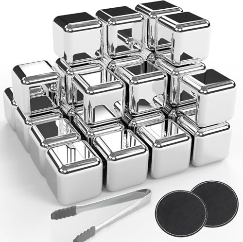 24 cubitos de hielo de acero inoxidable reutilizables, regalos para hombres, piedras de whisky para whisky, cubitos de hielo para whisky, piedras frías de vino (24 unidades)