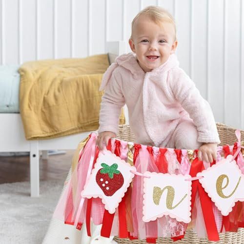 1. Geburtstag Mädchen Hochstuhl Dekoration Erdbeer Hochstuhl Banner Band Banner für Babyparty Party Foto Requisiten Party Dekorationen Rosa