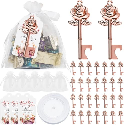 50 Set Key Bottle Openers Rose Flower Shaped Keys Wedding Favors with Candy Bag Tag and Ribbon for Wedding Party Supplies Party Bridal Showers Decorations Guests