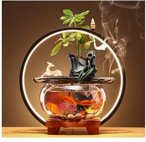 BGFYUSF Fontaine de Table pour Relaxation d'intérieur en céramique avec Aquarium en Verre. Base en Bois et lumière LED. Fontaine d'eau relaxante pour Bureau Zen,D