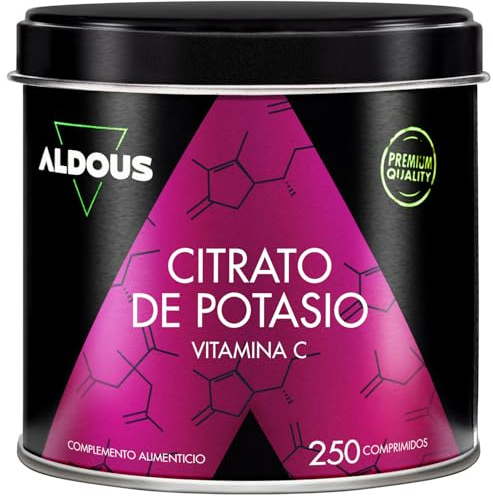 Potassium Citrate 3705 mg - 250 Tablets - Pure Potassium 1000 mg + Vitamin C 80mg - Natural Sports Supplement - Muscle, Blood Pressure, Nervous System - Vegan - Aldous