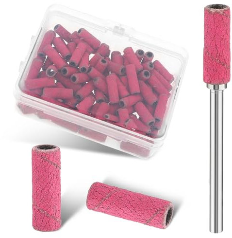Prasacco 100 unidades de manguitos de lijado para uñas, puntas de lijado, fresadora de uñas, 180 GRIT, pequeñas bandas de lijado para taladro de uñas, cinta de lijado roja con caja de almacenamiento y