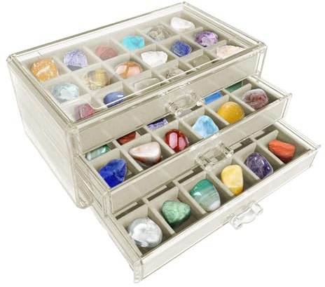 Aizuoni Setzkasten Für Steine, Setzkasten Für Mineralien Und Steine, Rock-Sammelbox, Edelstein-Vitrine, Acryl Vitrine, Fossile Vitrine Mit 54 Fächern - 3-lagige Visuelle Acryl-Edelstein-Vitrine