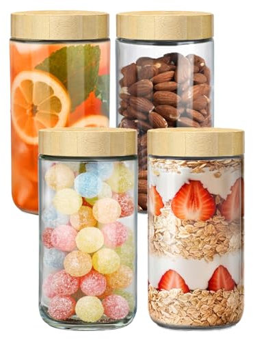 4-Pack 700ml Glass Mason Jars with Screw Lids - Leakproof Overnight Oats Containers, Wide-Mouth Salad & Yogurt Pots for Snacks, Cereals, Coffee, Spices,Pickling & Meal Prep(Airtight Food Storage Jars)