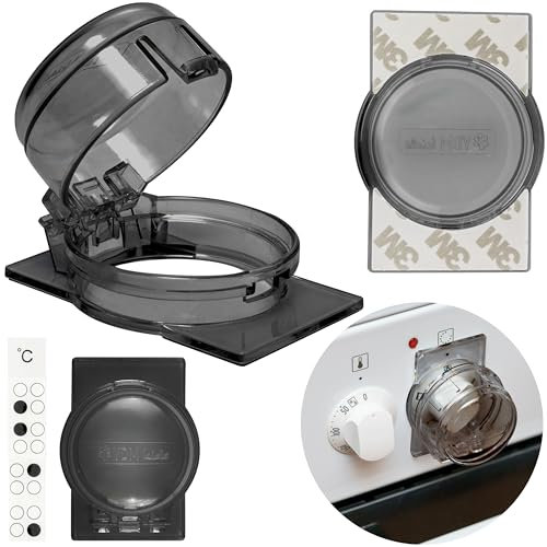 Herdknopf Kindersicherung, 2 Pack, Montage ohne Knopf Demontage, für max. Ø 4,9 cm und 4 cm hohe Herdknöpfe Schutz mit min. 6,1 cm Abstand Mitte-Mitte, Transparent-Schwarz, Herdschutz Baby Sicherung
