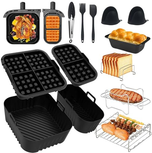 13 Stücke Airfryer Zubehör für Philips Airfryer Dual Basket 3000 Series NA350 Einschließlich Silikonform Heißluftfritteuse Zubehör, Waffelform Zubehör, Grillrost, Brotbackformen, Backzubehör-Set