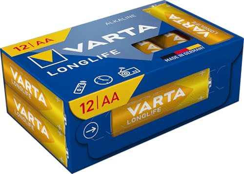VARTA Pile AA, confezione da 12, Longlife, Alcaline, 1,5V, ideale per telecomandi, sveglie, radio, orologi da parete, imballaggio riciclato al 90%, Made in Germany