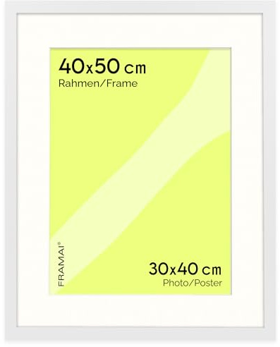 FRAMAI® Bilderrahmen 40x50 cm in Weiß – mit Passepartout 30x40 cm – MDF Holzrahmen, bruchsicheres Plexi, umweltfreundlich, mit Aufhängung & Ständer – Hochformat & Querformat