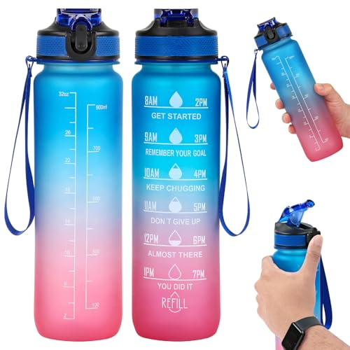 1L Leakproof Water Bottle with Straw & Time Markers – BPA-Free Flip-Top Sports Bottle for Gym, School, Work, Hiking – Eco-Friendly & Durable with Carry Strap – Motivational Hydration Tracker
