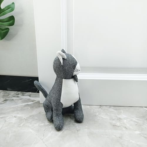 Interior Door Stopper Fabric Doorstops Decorative Animal (Black and White Sitting cat)