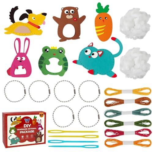 Nähset Filz Bastelset Tierformen – Nähset Tiere für Kinder ab 14 Jahren mit Zubehör – DIY Bastelpaket 6 Stück Tiermotive – Größe 19x6x15,5 cm