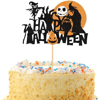 Gleevio Happy Halloween Cake Topper,Tortendeko Halloween Deko Kuchen 15,6cm,Glitzer Hexe Tortendeko für Trick-or-Treat Gruselige Partys,Kuchendeko Gruselige Geburtstagsparty-Deko Schwarz Orange
