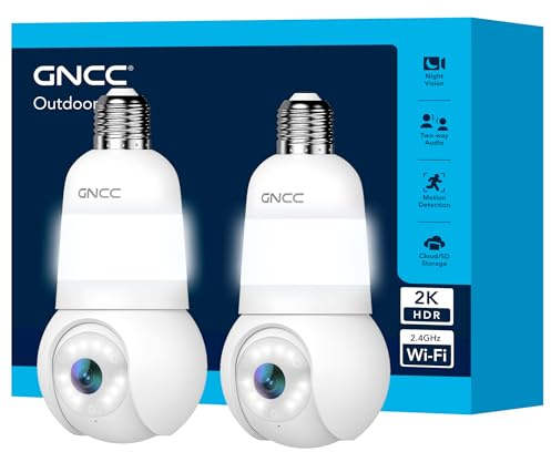 GNCC Telecamera Lampadina WiFi 2K per E27, Confezione da 2 Unità | Visione Notturna a Colori, Solo WiFi a 2,4 GHz, Rilevamento Umano e Tracciamento, Installazione Facile, Archiviazione Cloud