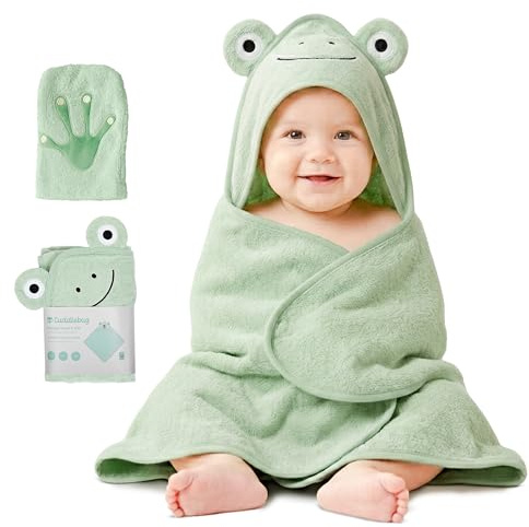 CuddleBug Capa de Baño Bebé con Capucha, Algodón, Frog Sage Green | Rizo Absorbente con Manopla que seca rápido a los peques, suave lavado tras lavado, del recién nacido al niño pequeño.