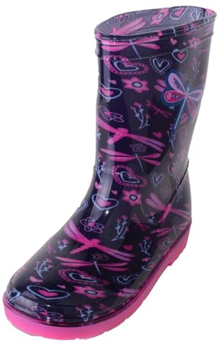 ABSOLUTE FOOTWEAR Childrens Kids Easy Slip On Waterproof Dragonfly Wellington Boots - Navy - UK Child 13 / EU 32