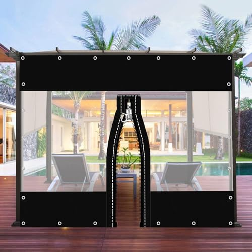 Cortinas De Lona Alquitranada Impermeable Exterior,Paneles Laterales De Lona Transparente Negra Para Pérgolas Cenadores,Con Cremallera,Lonas De Plástico Pvc,Con Ojales,W×H-2.7×2.1m(8.9*6.9ft)