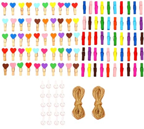 Rainway Set di 122 mollette in legno con 50 cuori e 50 mini graffette, filo di iuta da 20 m e 20 ganci senza unghie. Graffette colorate per lavori di bricolage, matrimonio, prodotto naturale