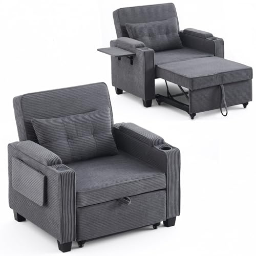TUKAILAI 3-in-1 Schlafsofa mit Bettfunktion, Corduroy, Grau | Schlafsessel mit Verstellbarer Rückenlehne, Bettkasten Armlehne, Getränkehalter, Einzel-Sofabett für Gäste Kleine Zimmer