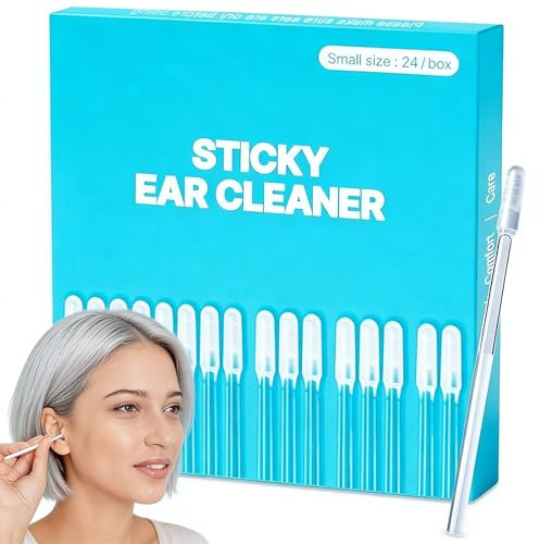 24 Pcs Reusable Self-Sticky Ear Wax Removal Sticks Gentle Ear Cleaning Tool | Soft flexible tip lifts dry earwax safely; washable reusable sticks replace cotton swabs for home, travel and daily ear care