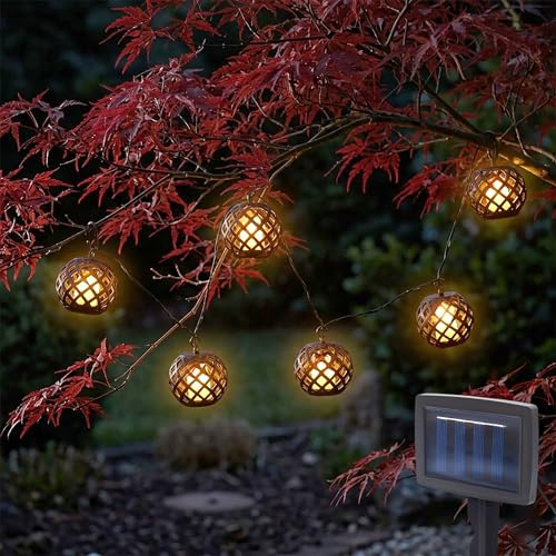 Solar Lichterkette 6 runde Lampions schwarz mit Flammen Effekt 300 cm | LED Garten Dekobeleuchtung, Flackereffekt, Party Pavillon Terrasse Balkon, Stimmungslicht, wasserfest