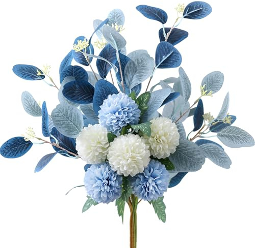 chenyu Ortensie Finte Realistiche Bianco e Blu Ortensie Finte | Steli di Eucalipto Finto per Fiori Artificiali Casa Feste in Giardino Matrimoni Hotel e Arredamento per Uffici