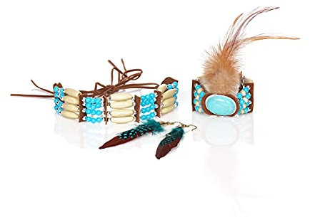 Kostümplanet Indianer Schmuckset Damen Indianerin Feder Schmuck Halskette Armband Ohrringe