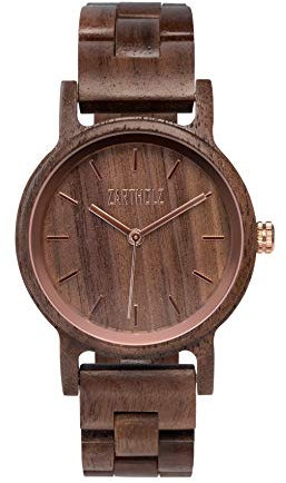 ZARTHOLZ Herren Damen Unisex Holzuhr Holz-Armbanduhr Klassik (Walnuss Roségold Damen)