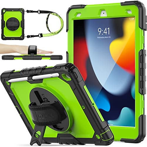 SEYMAC stock Case for iPad 9th/8th/7th Generation 10.2 Inch 2021/2020/2019, Full-Body Drop Protection with Screen Protector, Rotating Stand/Hand Strap & Pencil Holder for iPad 9/8/7 Case, Green