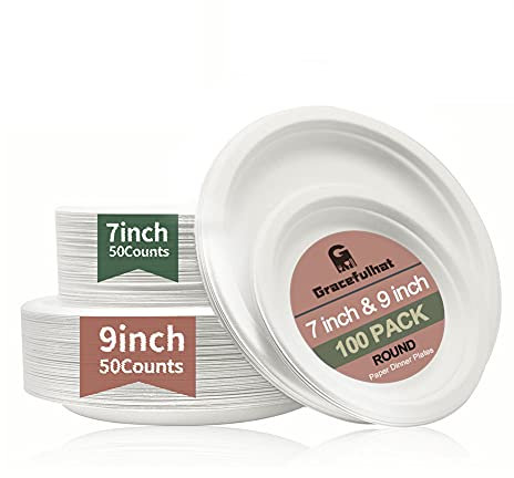 Piatti di carta per cinette, cena per 50 ospiti | Piatti di carta da 17,8 cm e 50 piatti usa e getta da 22,9 cm | Totale: 100 pezzi | Bianco | Non rivestito | Biodegradabile | Compostabile