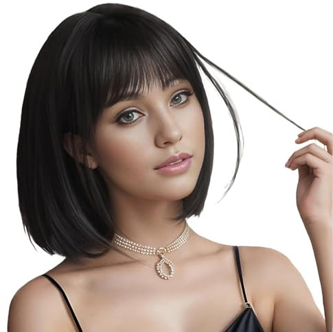 YEESHEDO Kurze Bob Schwarz Haar Perücken Gerade mit Flach Pony Synthetische Bunte Cosplay Tägliche Party Perücke für Frauen Natürliche Wie Echthaar 12 Zoll