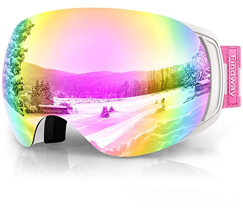 Findway Maschera Sci, Occhiali da Sci Magnetica Donna Uomo, Maschera per Snowboard e Sci per Occhiali da Vista OTG,Rosa Lente Polarizzata Specchio