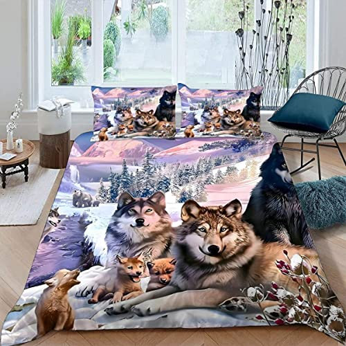 Kinder Bettbezug-Set Thema Wolf Teens Bettwäsche-Sets 155X220 Weiche Mikrofaser mit Reißverschluss Wolf-Motiv Jungen Mädchen Bettbezüge mit 2 Kissenbezug 80x80 cm