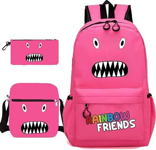Rainbow Friends Rucksack 3-teiliges Set, Anime Cartoon bedruckte Büchertasche 3-teiliges Schulranzen-Set mit Rucksack, Umhängetasche und Federmäppchen für Studenten, Teenager, Kinder, rose, M