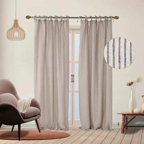 THE ART BOX Gauze Striped Curtains, Boho Linen Gauze Tie Top Hanging Curtains Light Filtering Door Window Treatment 2 Panel Drapes for Living Room Home Décor Blue (90x42 Each Panel)