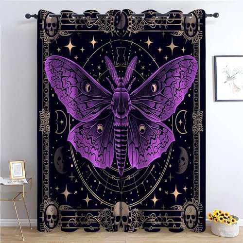 Verdunkelungsvorhänge Mit Ösen, 160 x 70 cm Blickdichte Vorhänge, Wärmeisolierend Vorhang, Lila Schmetterling Totenkopf im gotischen Stil Vorhänge Für Kinderzimmer Schlafzimmer Schiebevorhänge